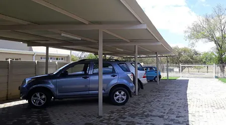 Secure parking area with gated entry and security features